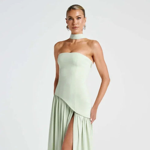 Elegant Solid Pleated Maxi Dress for Women with Sexy Sleeveless Off Shoulder Design and High Slit Party Wear